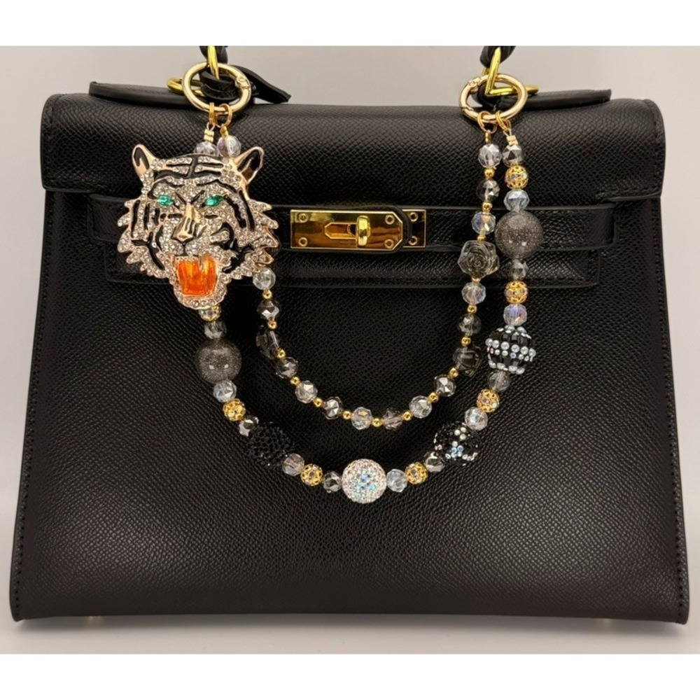 Jeweled Tiger Head Beaded Bag Chain Purse Charm Black Rhinestone Luminous